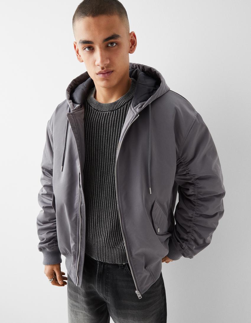 Blouson bomber capuche oversize-Gris-2