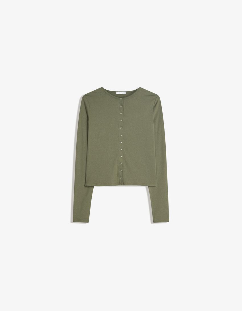 T-shirt met lange mouwen en knopen-Kaki