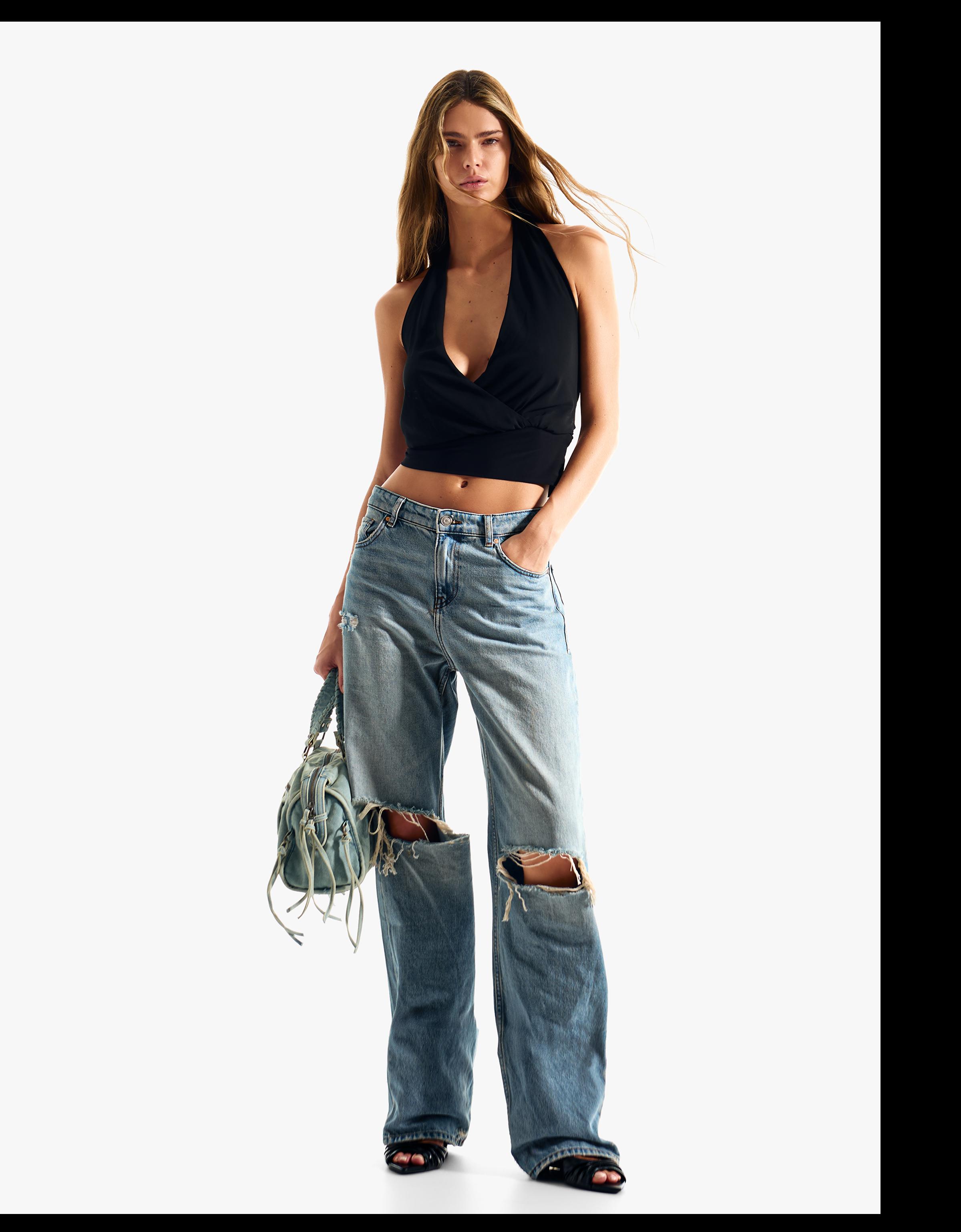 Yüksek bel distressed geniş paça jean - Görsel 10