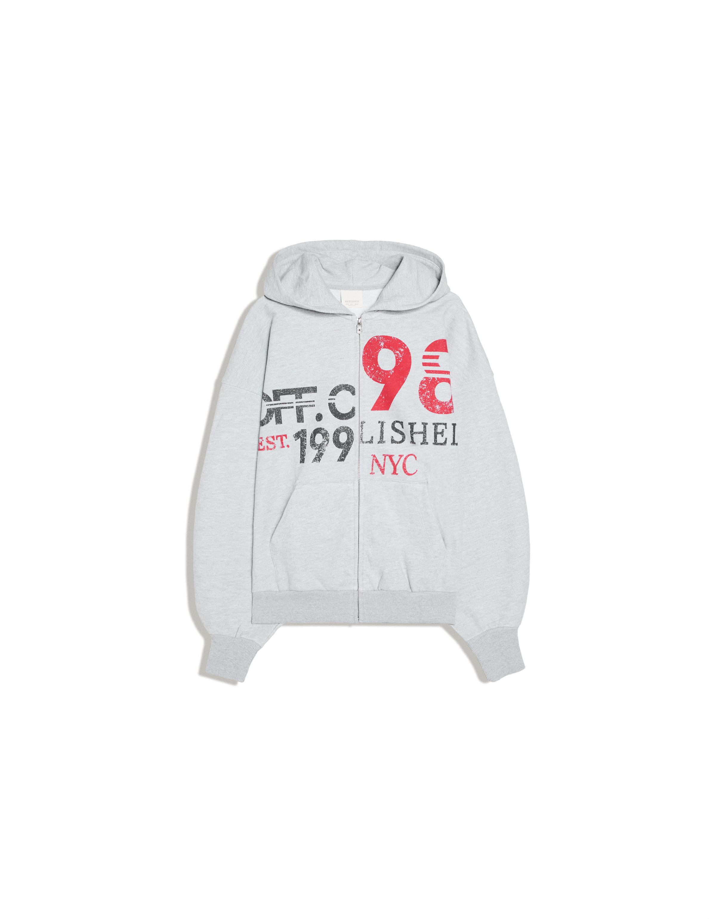 Oversize zip-up hooded sweatshirt with print — Mixed gray