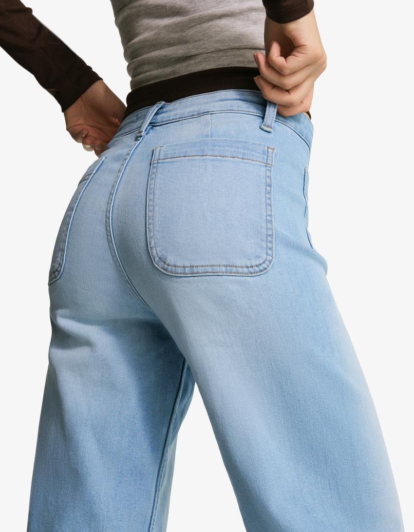 Seamless wide-leg jeans with pockets-Light blue