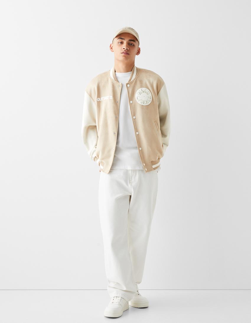Faux suede embroidered bomber jacket-Camel