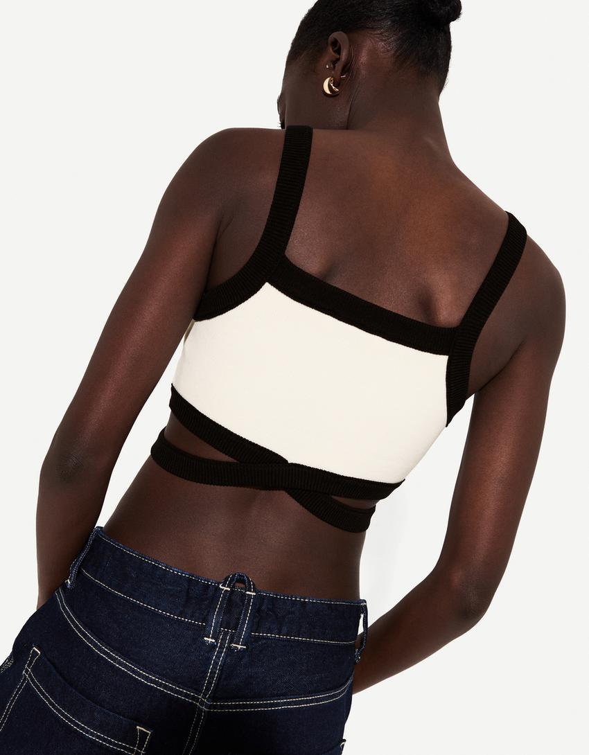 Strappy cut-out top with contrast straps-Cream-1