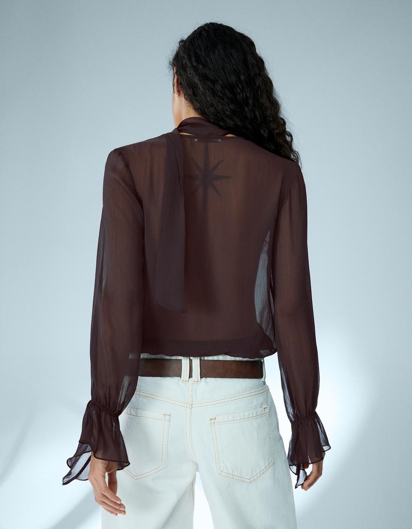 Blusa manga comprida cruzada lenço-Marrom