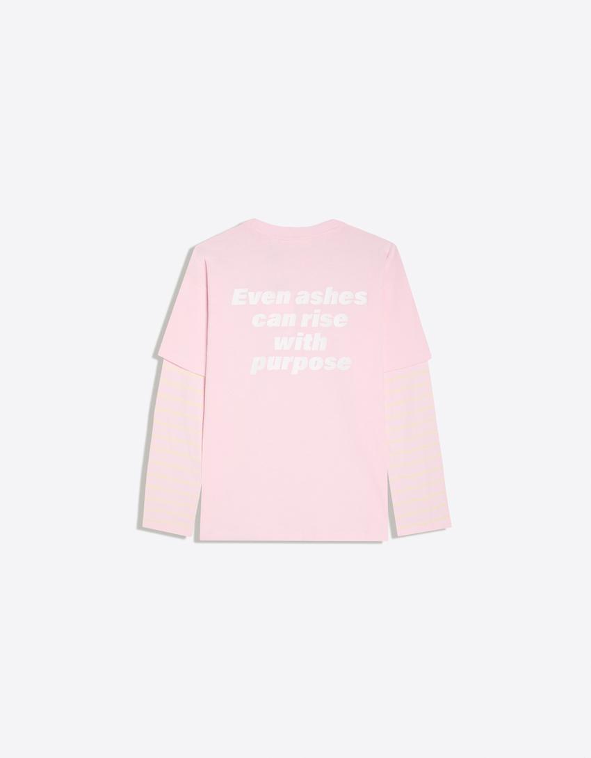 Oversize-T-Shirt mit doppeltem Ärmel und Print-Rosa