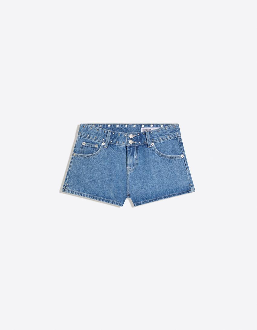 Printed denim shorts-Light blue