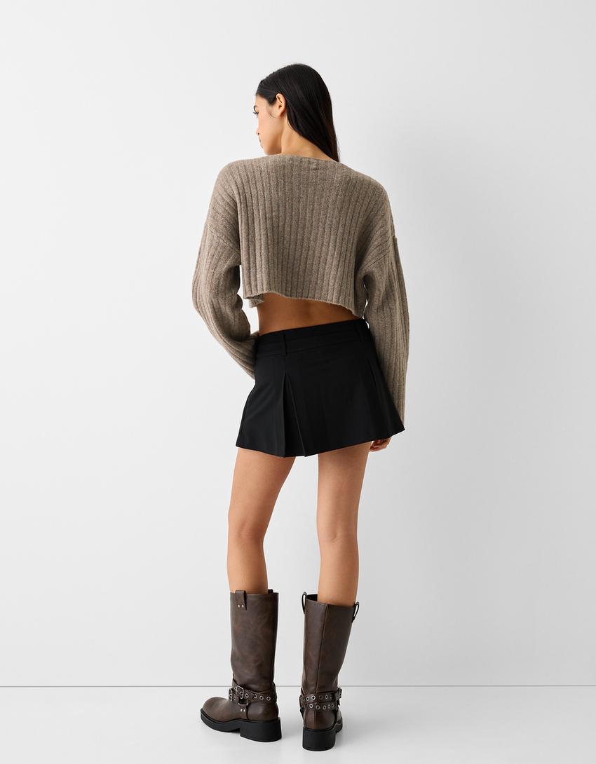 Pull cropped maille bord-côte épaules tombantes-Marron-1