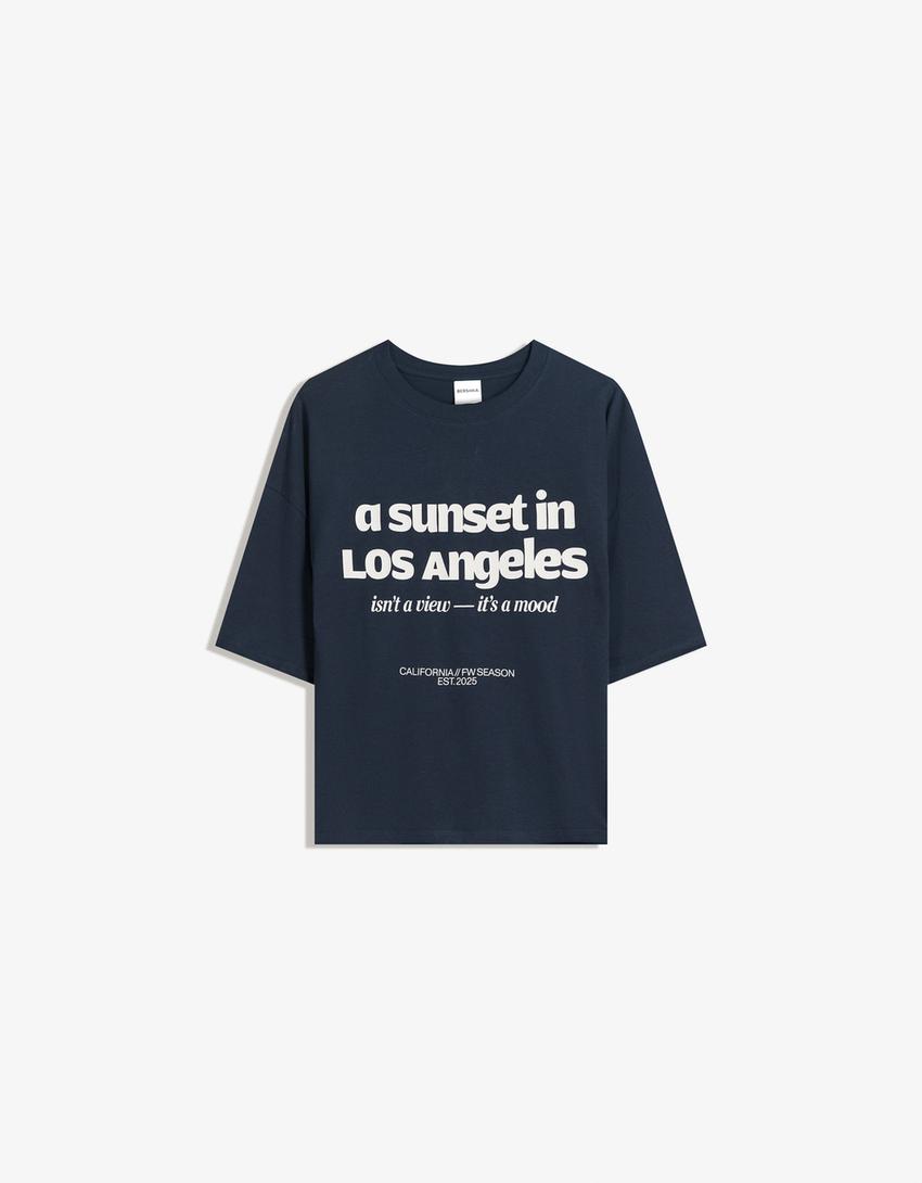 T-shirt Boxy fit à manches courtes imprimé-Marine