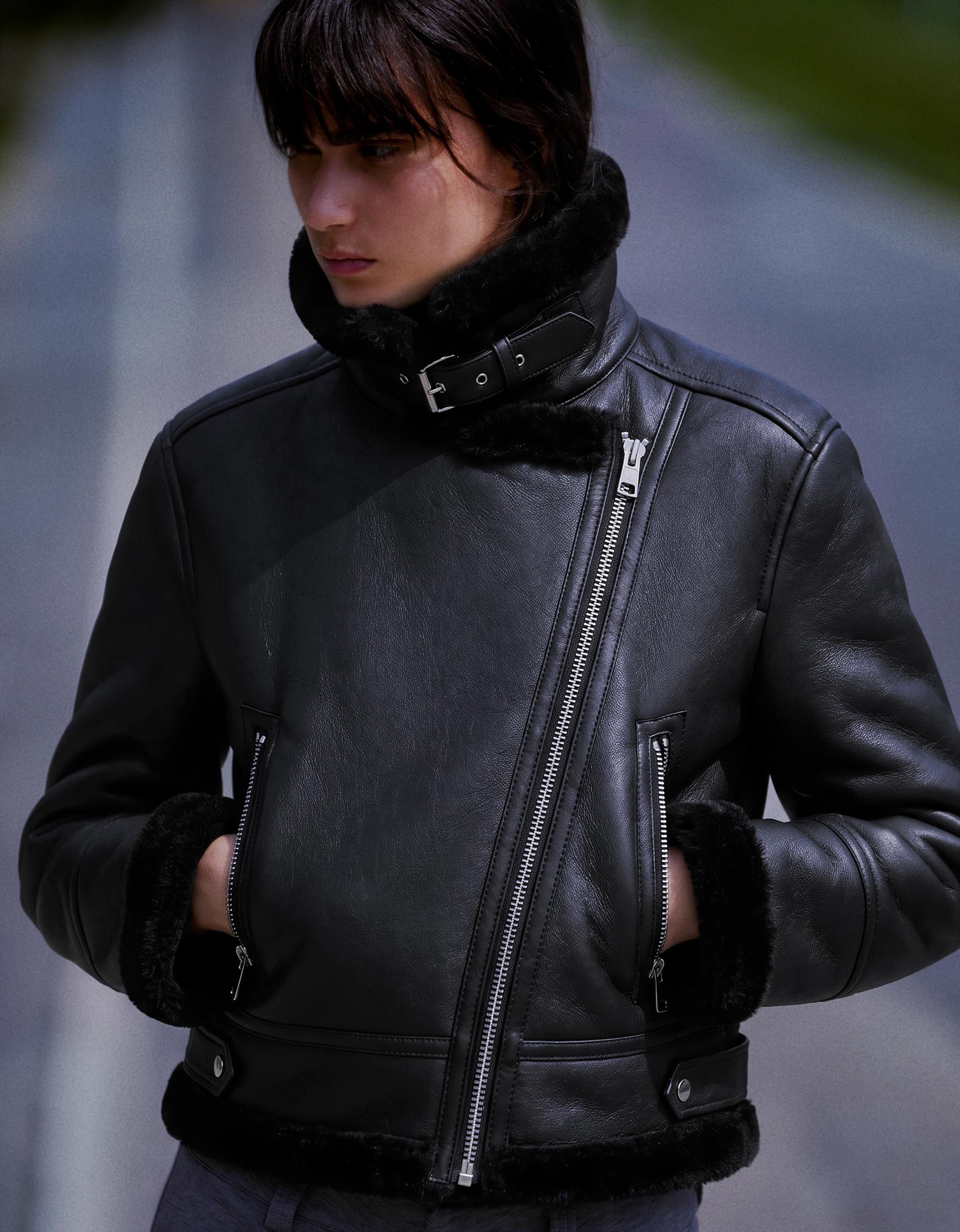 Cropped double-faced biker jacket — Black