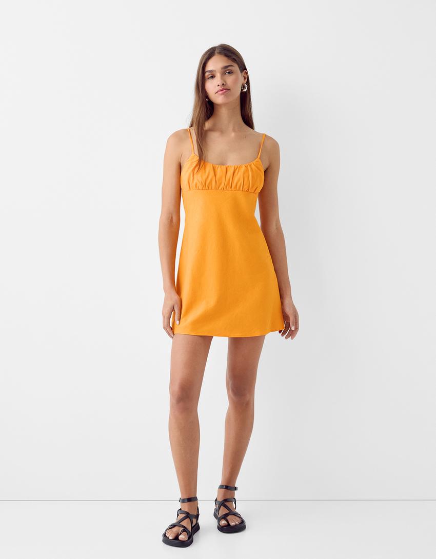 Vestido mini de linho-Laranja-3
