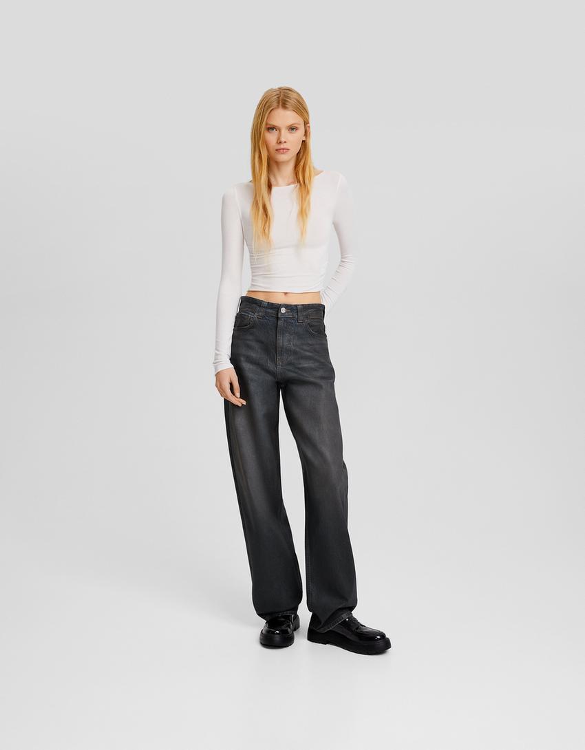 Wide-leg balloon jeans with coating-Brown