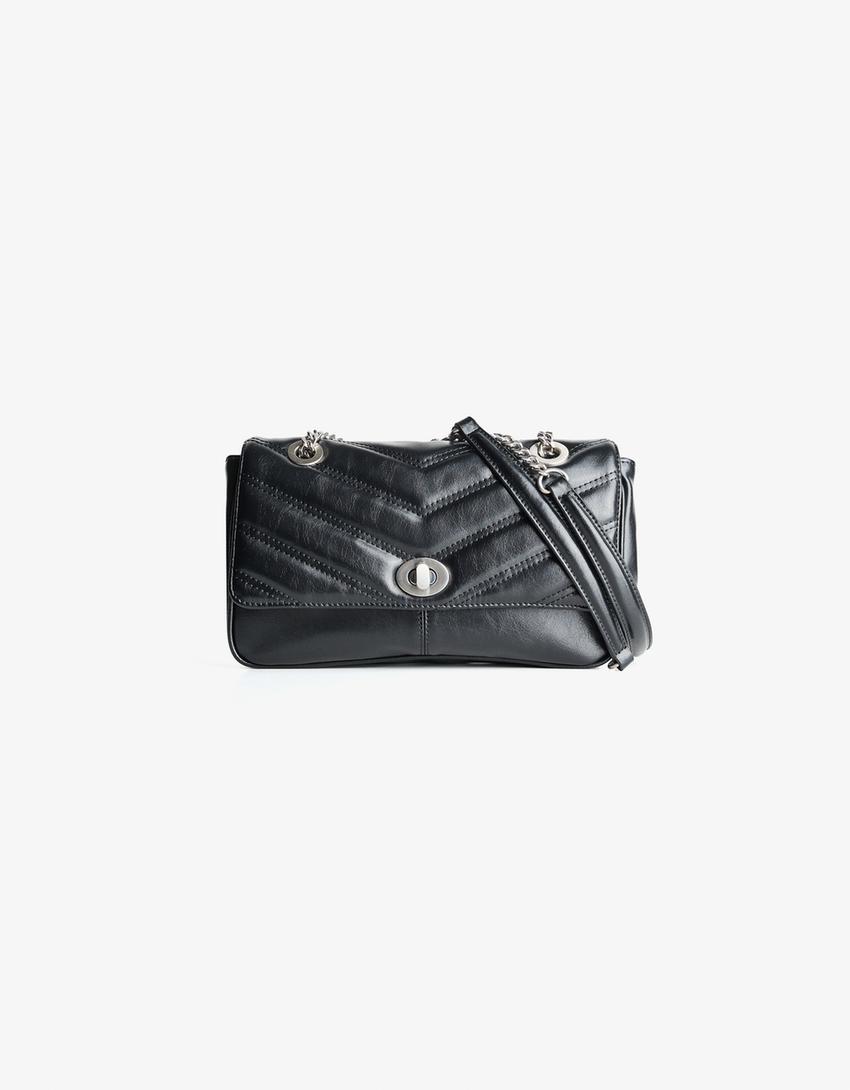 Quilted leather effect shoulder bag-Black