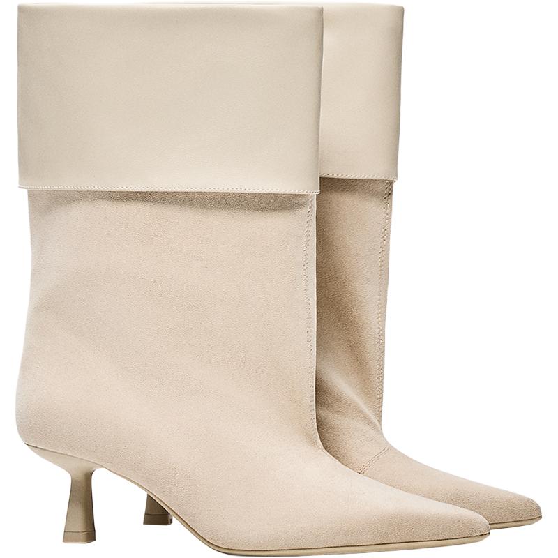 HEELED ANKLE BOOTS WITH TURN-UP DETAIL — ECRU