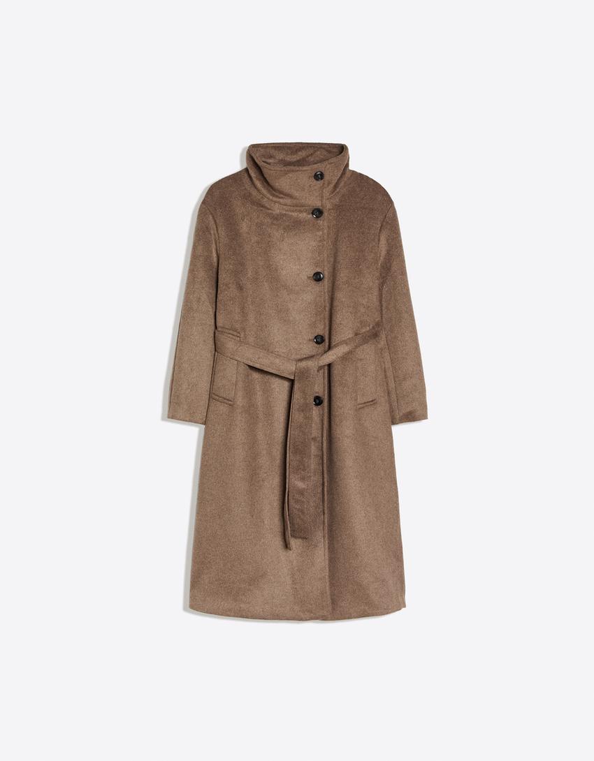 Long funnel neck belted coat-Sand
