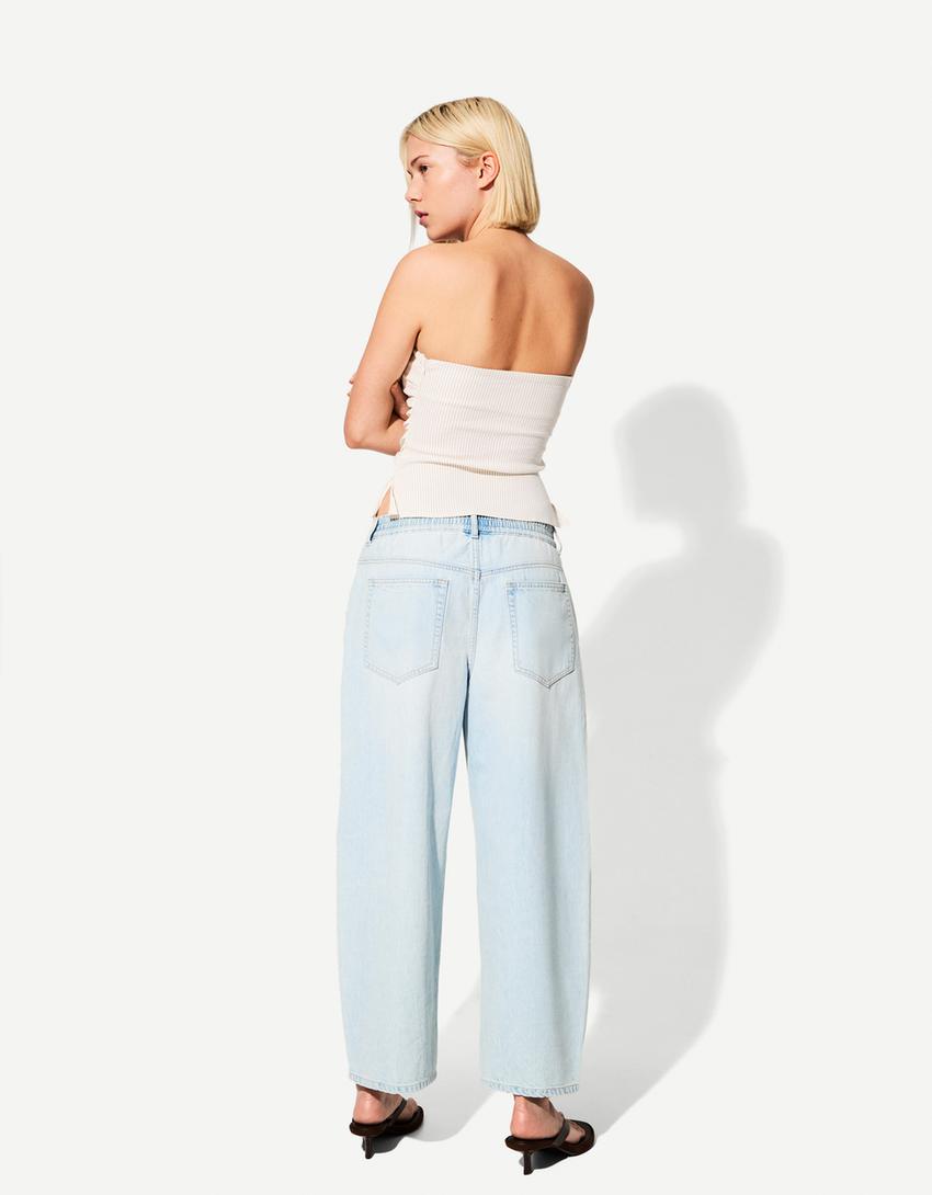 Jeans barrel goma en cintura-Azul claro