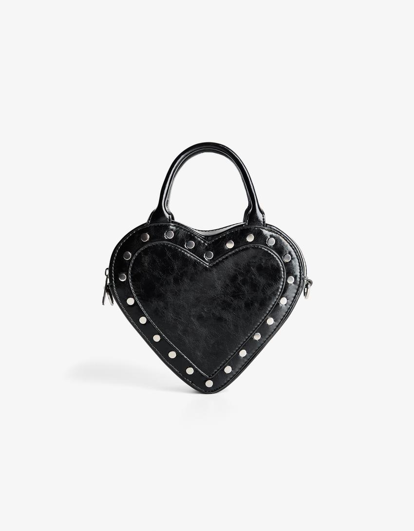 Leather effect heart bag with studs-Black