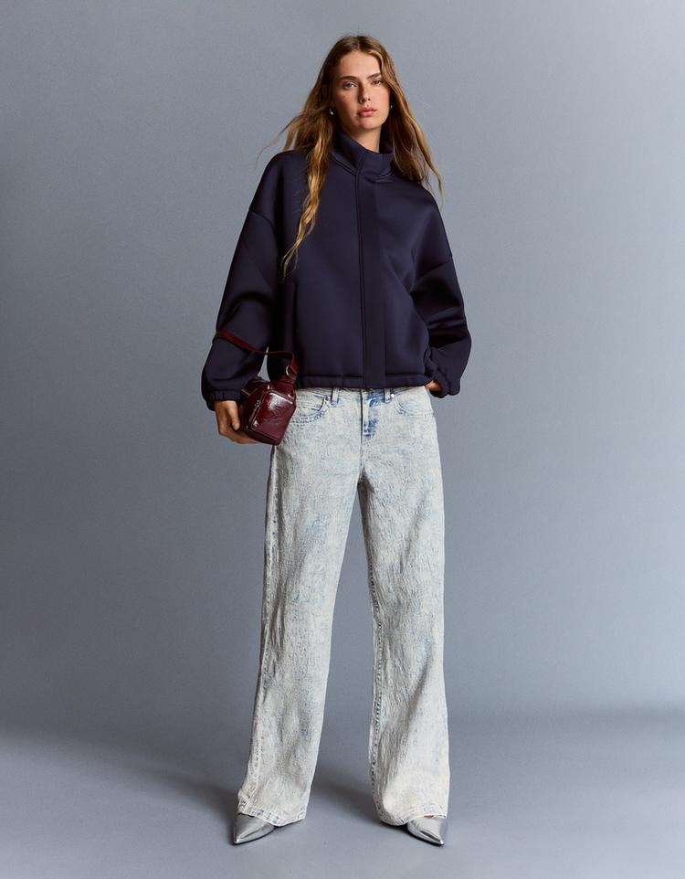 Jakarlı kumaş baggy fit düşük bel jean