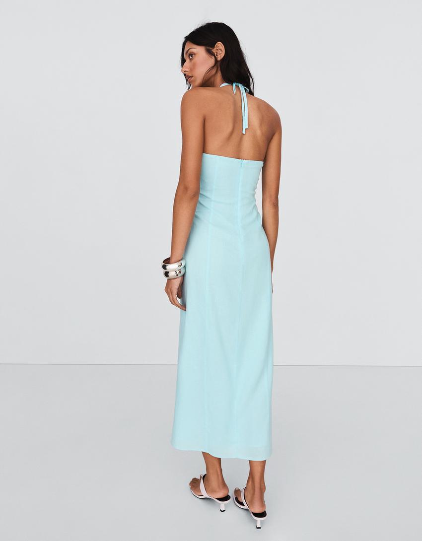 Halter midi-jurk van linnenmix-Turkoois