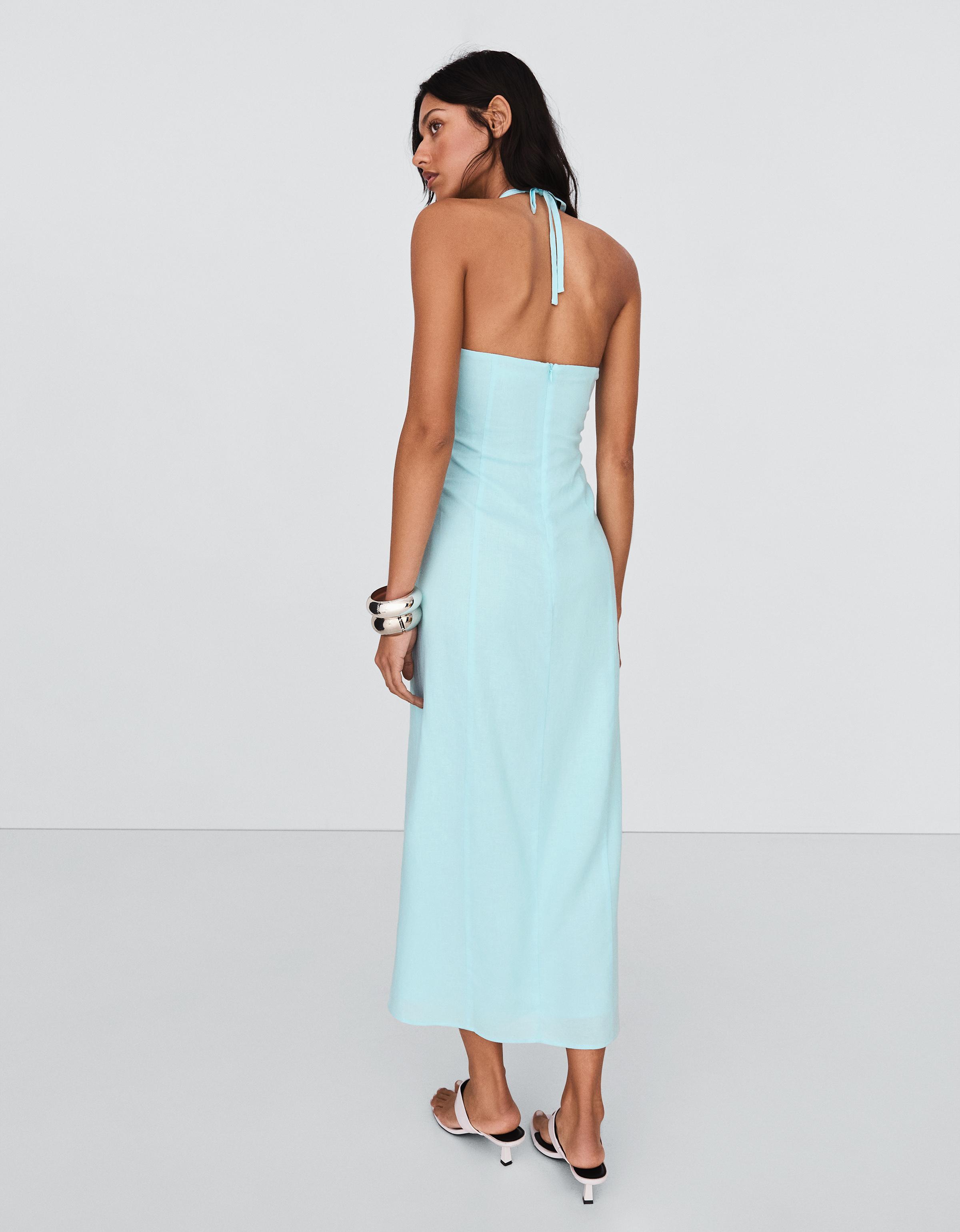 Ketenli halter midi elbise - Görsel 29