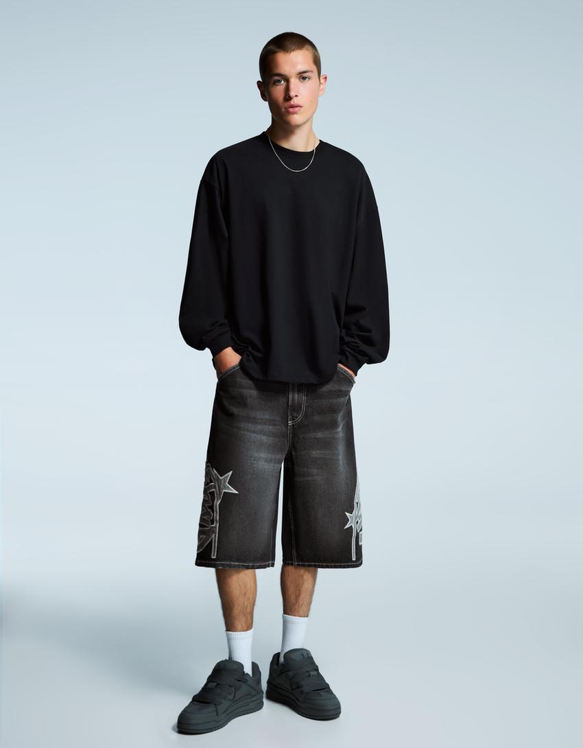 Bermuda denim parches-Negro