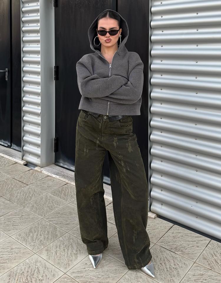 Fermuarlı oversize sentetik kauçuk kumaş sweatshirt