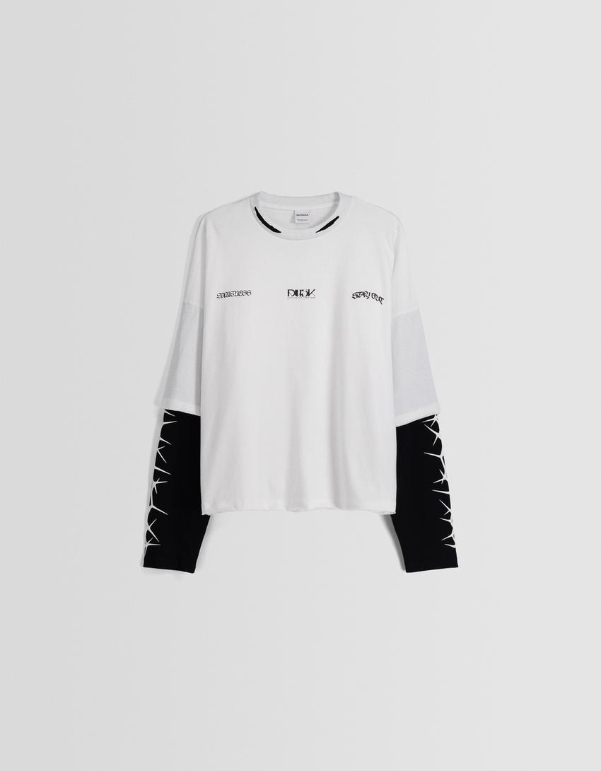 تيشرت قياس كبير بأكمام طويلة وطبعة-أبيض / أسود-4