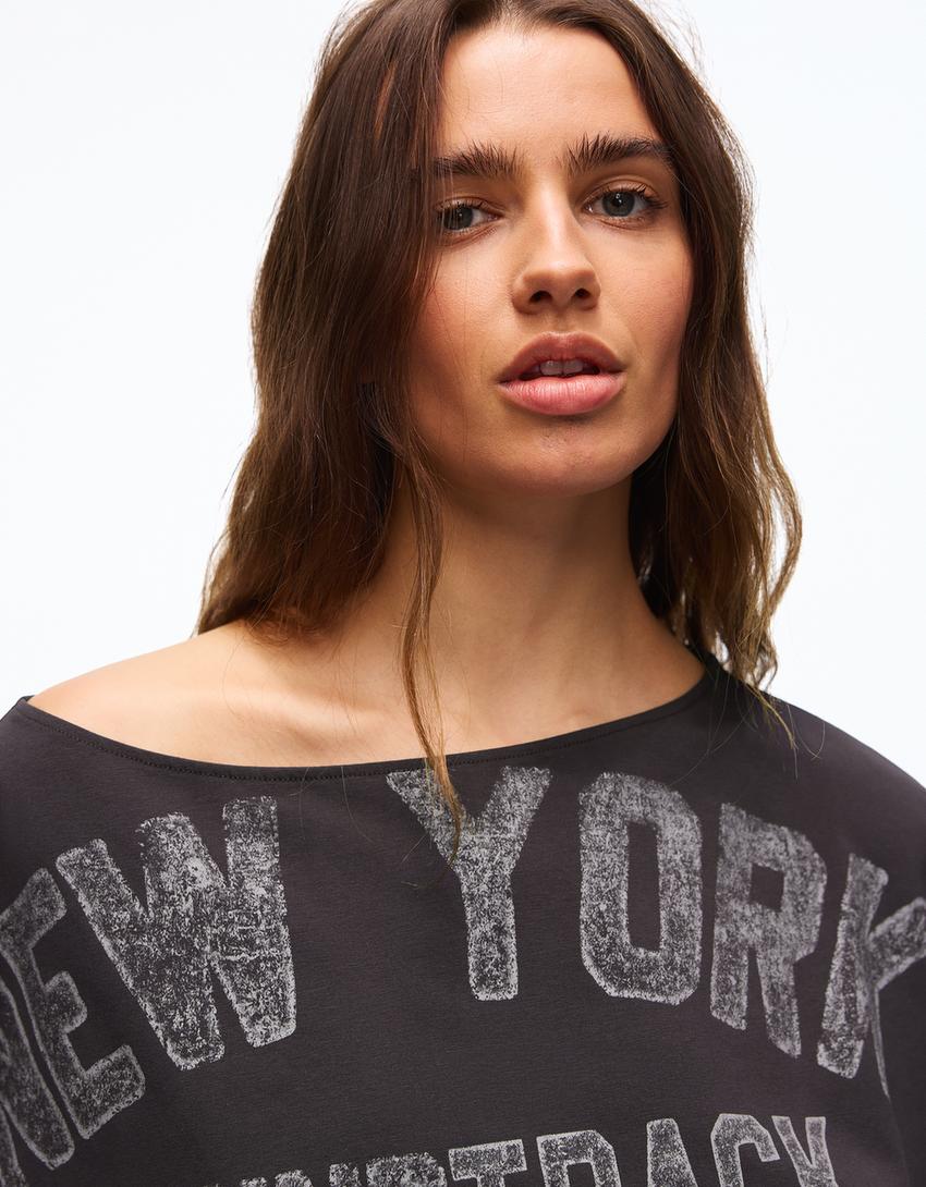 Asymmetric print short sleeve T-shirt-Dark grey