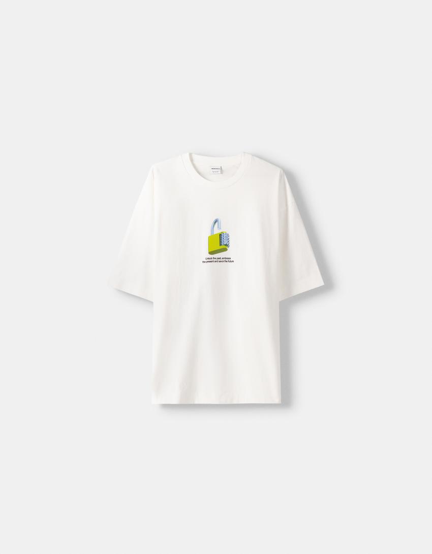 Щампована фланелка оувърсайз с къс ръкав-Бяло-4