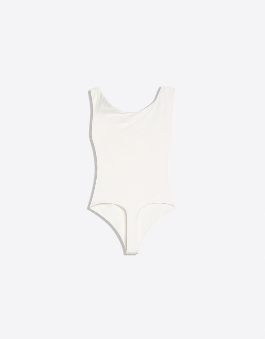 Asymmetric ruched strappy bodysuit-Cream