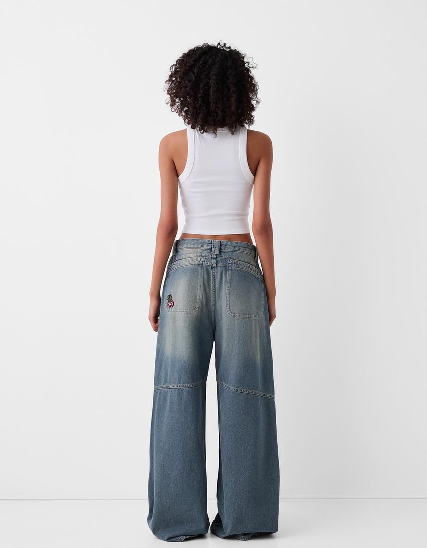 Mega baggy işlemeli jean-Açık mavi-2