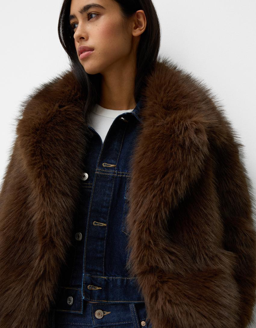 Abrigo Zara Faux Fur Wool Blend Lapel Collar Mujer Negras De