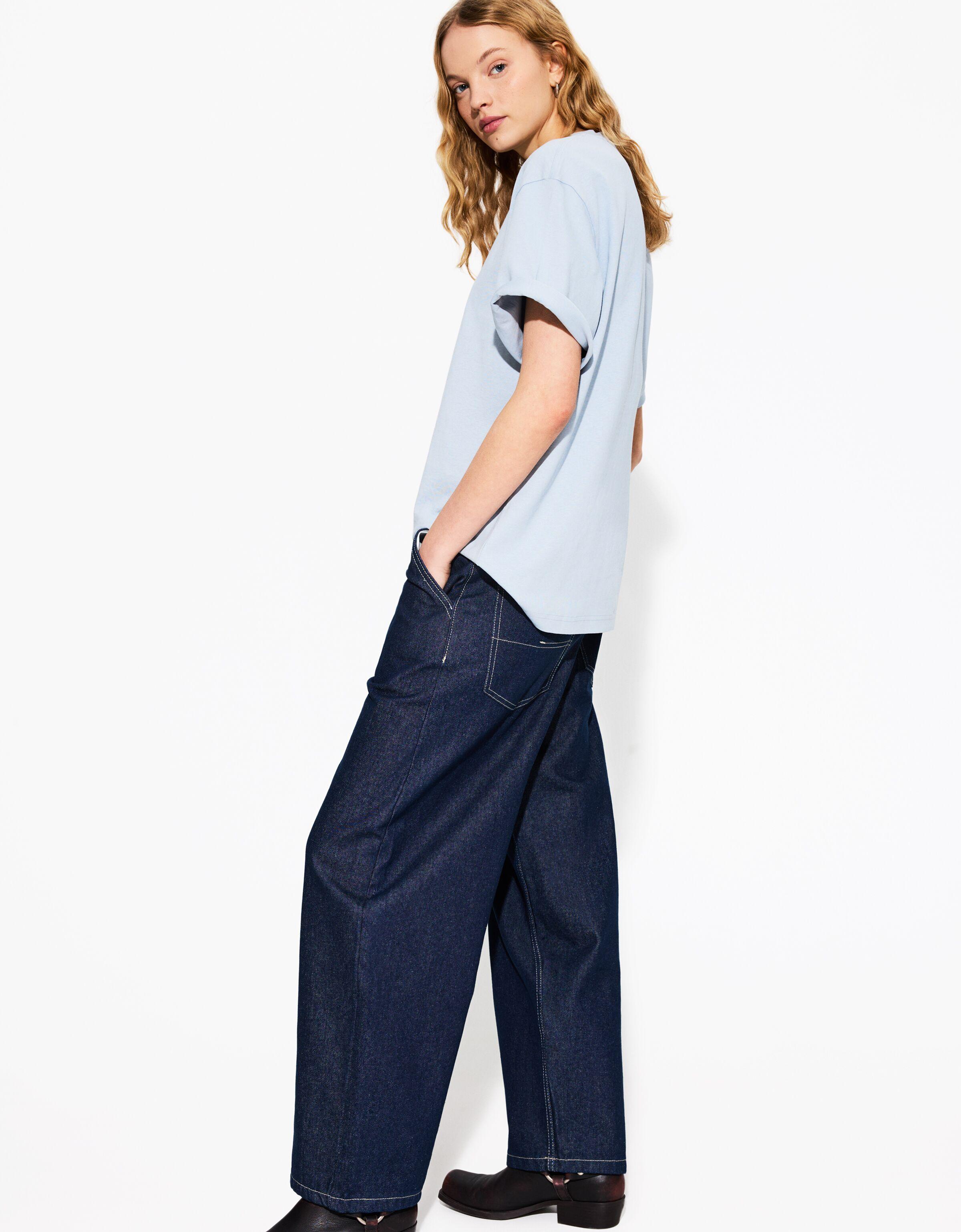 Bershka Oversize-T-Shirt Aus Schwerem Baumwollcotton Mit Kurzen Ärmeln Damen L Ausgewaschenes Blau