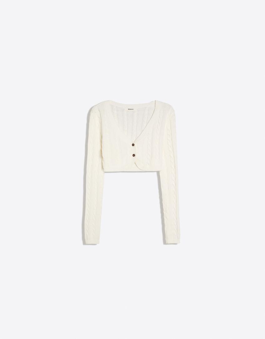 Cropped-Jacke aus Zopfstrick-Rohweiß