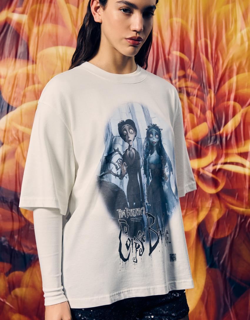 T-Shirt Corpse Bride kurze Ärmel mit digitalem Filter-Grbrochenes Weiss