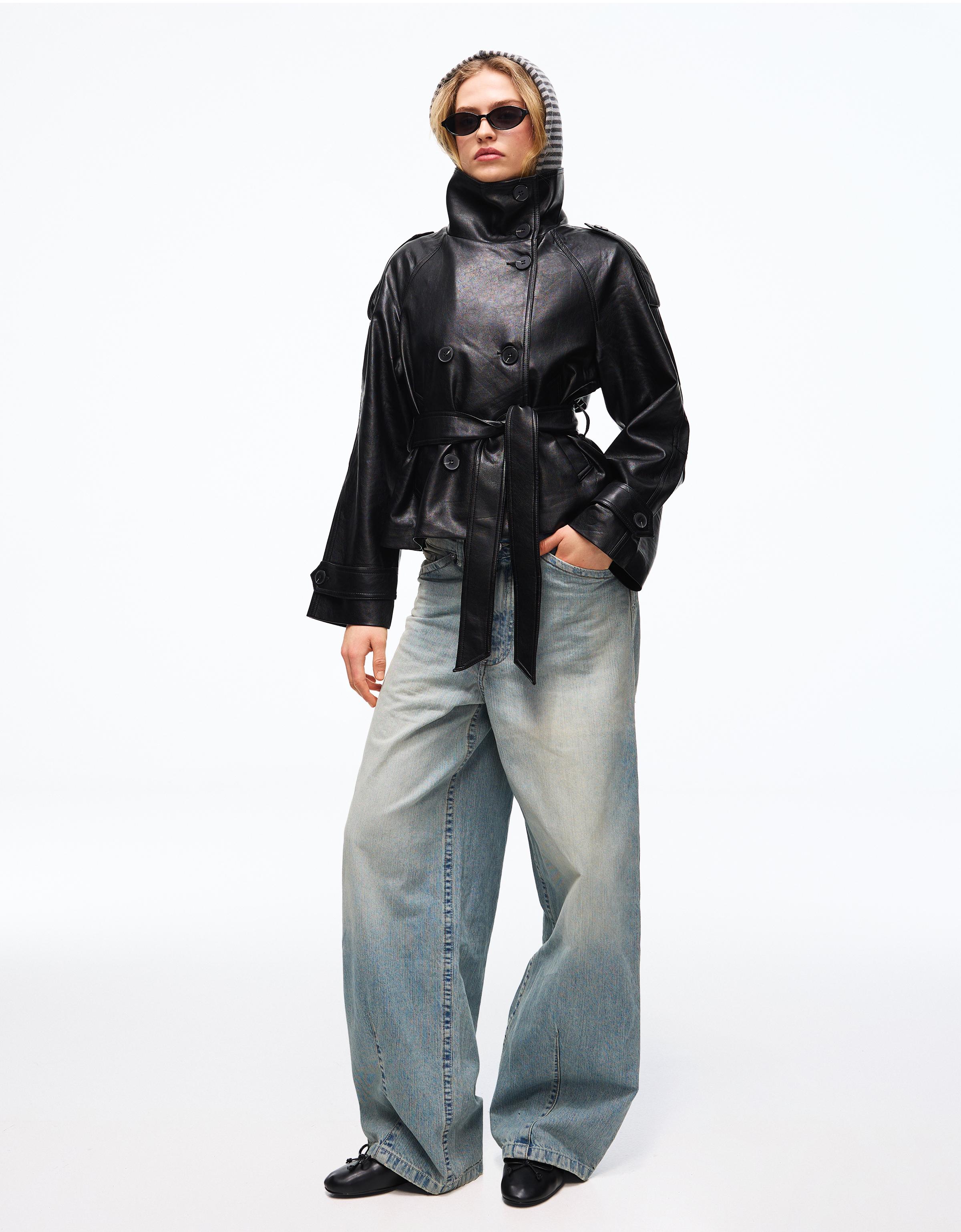 Short leather effect trench jacket — Black