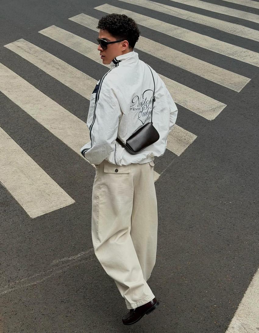 Embroidered crossover barrel trousers-Sand