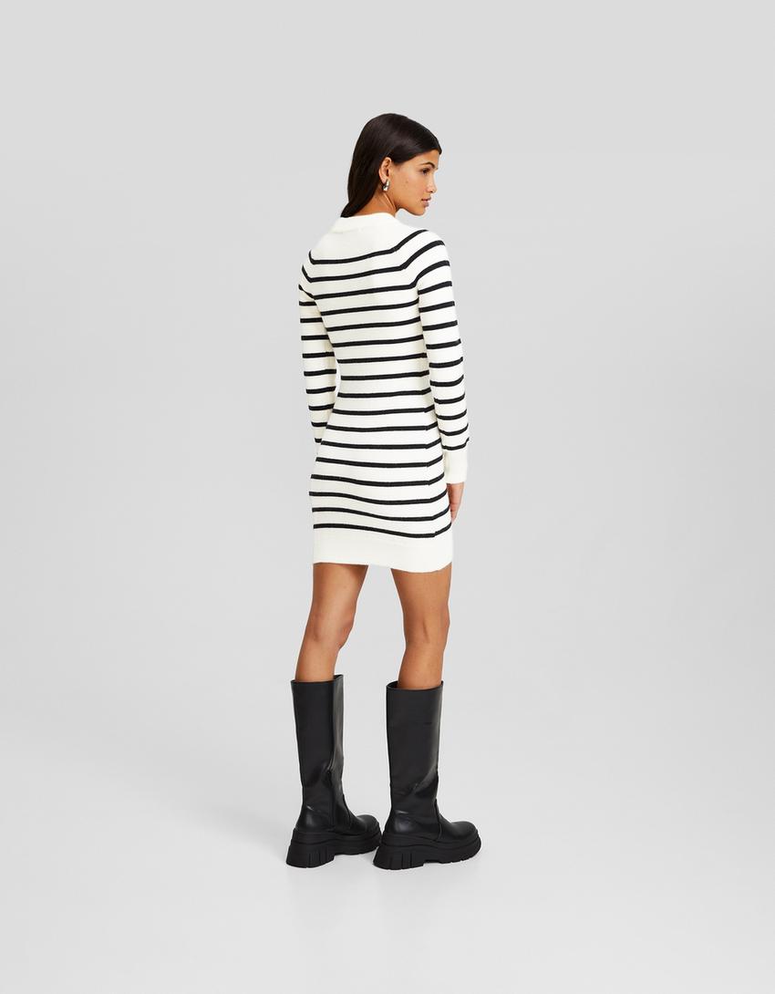 فستان قصير محاك ومقلّم بأكمام طويلة-كريمي-2