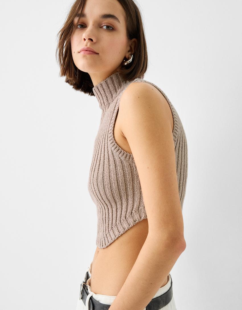 Sleeveless rustic ribbed mock turtleneck top-Pink