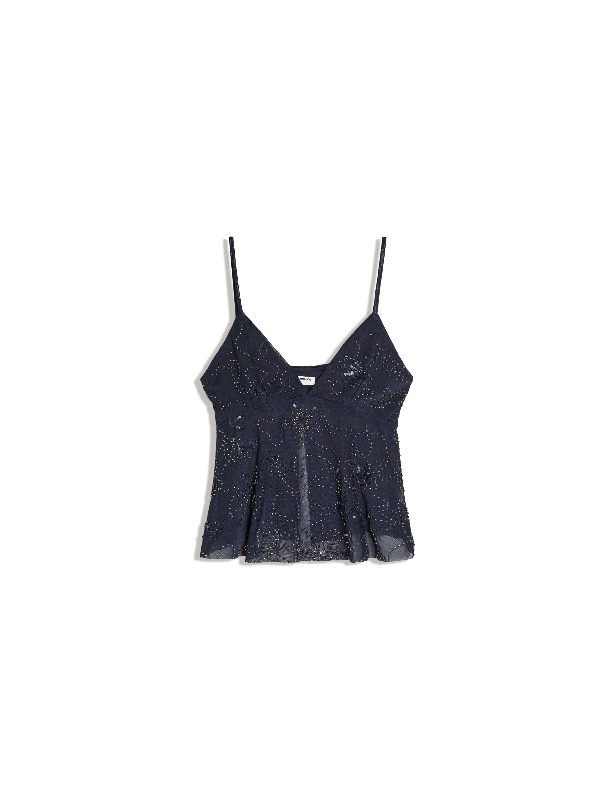 Rhinestone mesh strappy top — Navy