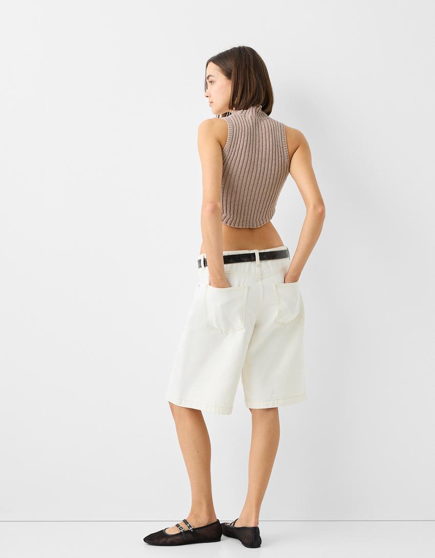 Sleeveless rustic ribbed mock turtleneck top-Pink