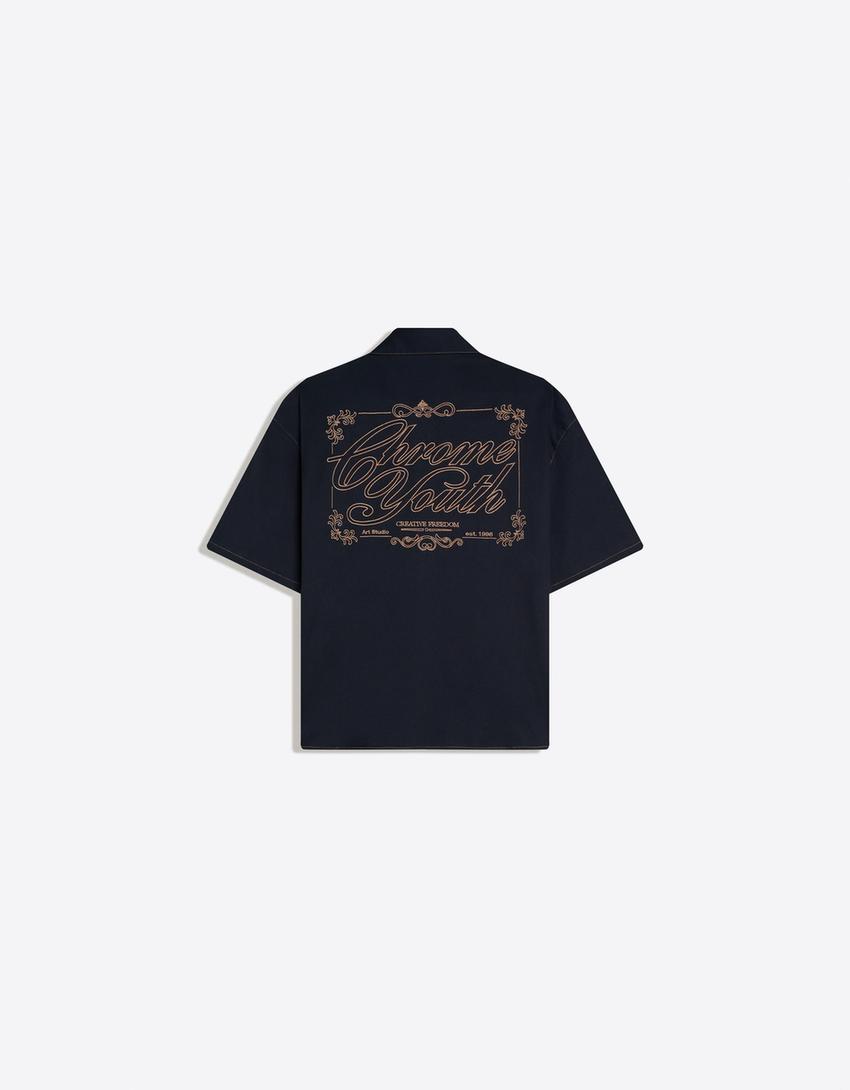 Chemise oversize brodée à manches courtes-Marine