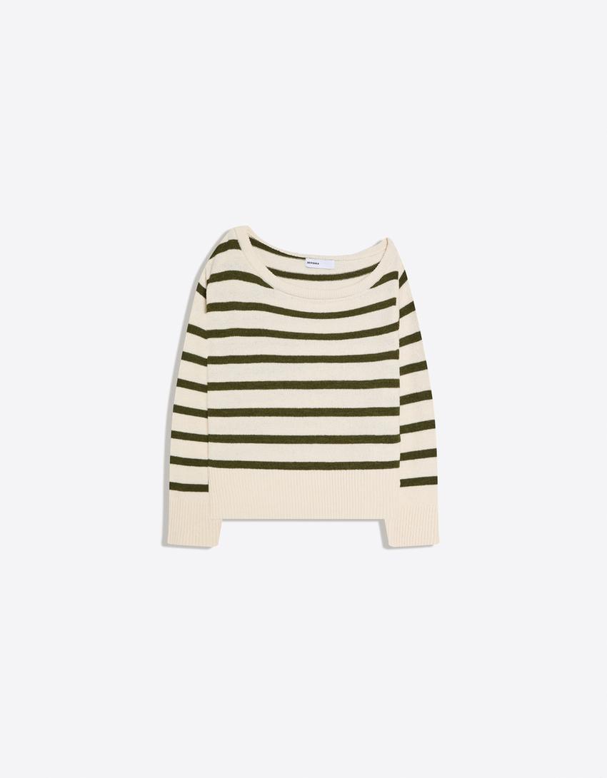 Rustic striped asymmetric sweater-Green