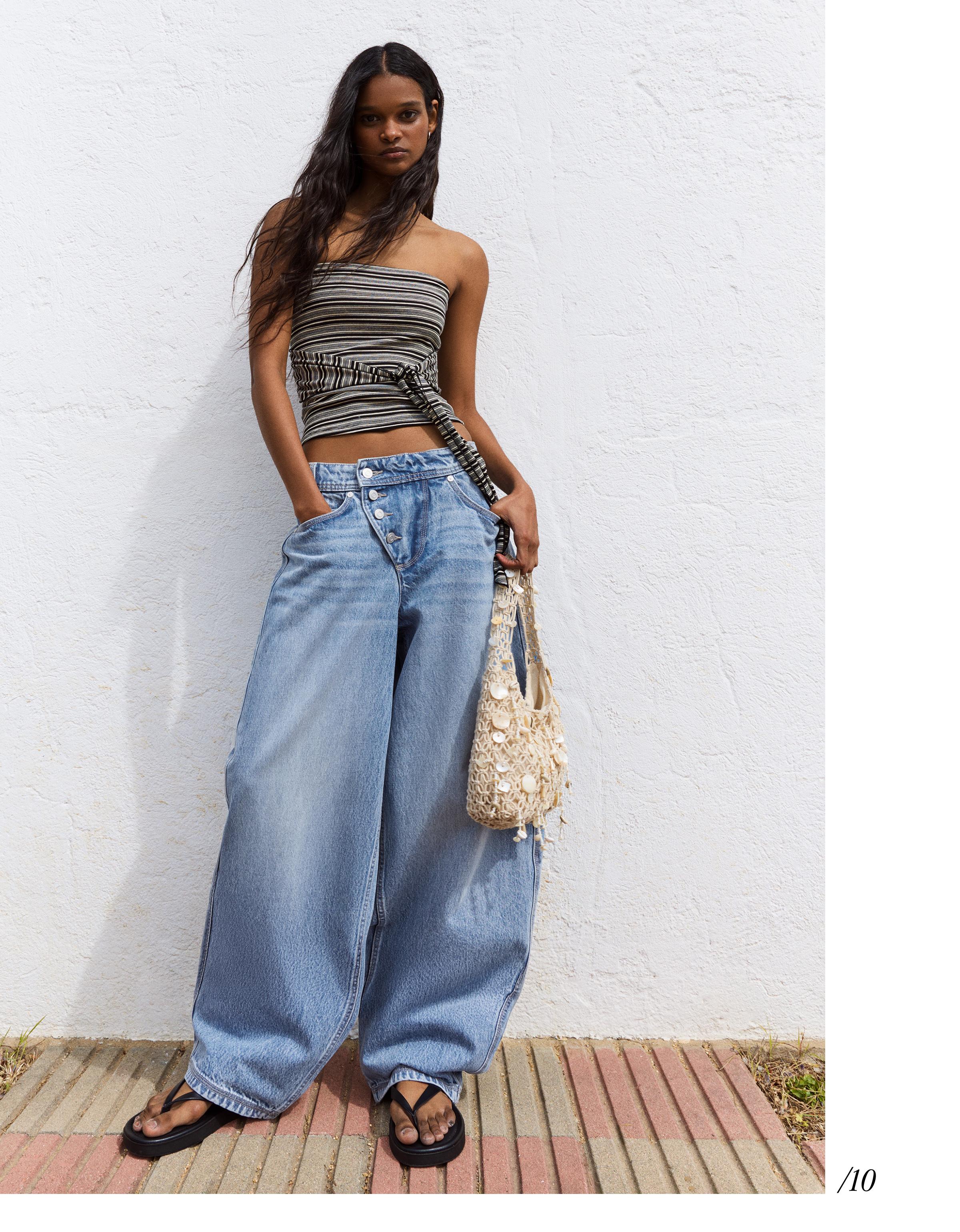 Düşük bel, önü düğmeli, geniş paça barrel jean - Görsel 13