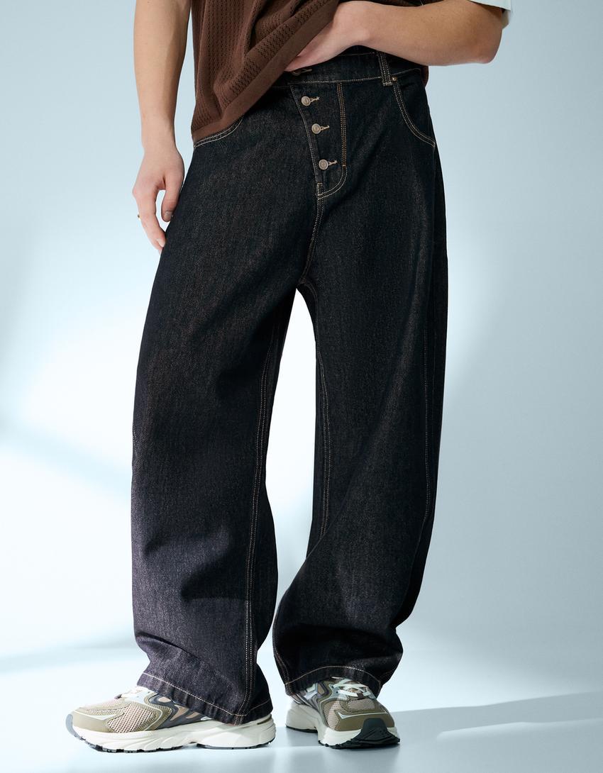 Jeans barrel fit à boutons croisés-Marine