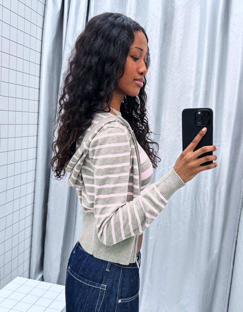 Zip-up striped hoodie-Pink