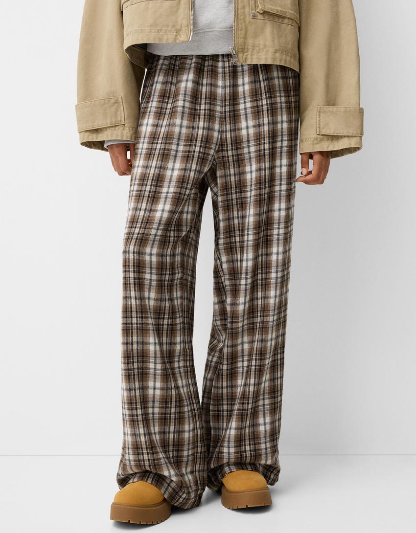 Straight fit check trousers-Brown-1