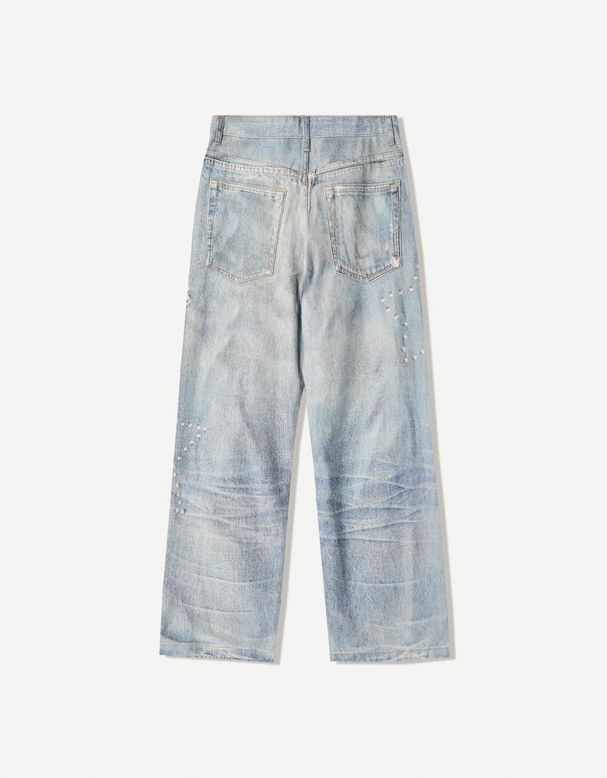 Baskılı baggy fit jean-Açık mavi
