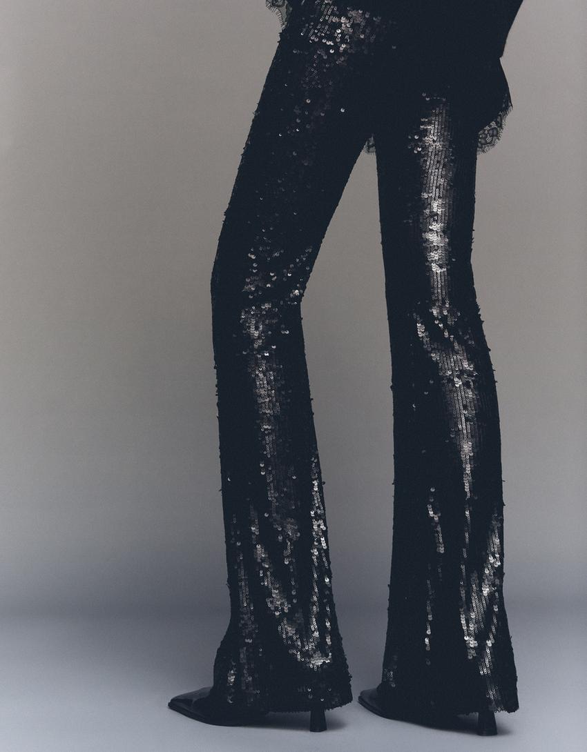 Pantalón flare lentejuelas-Negro