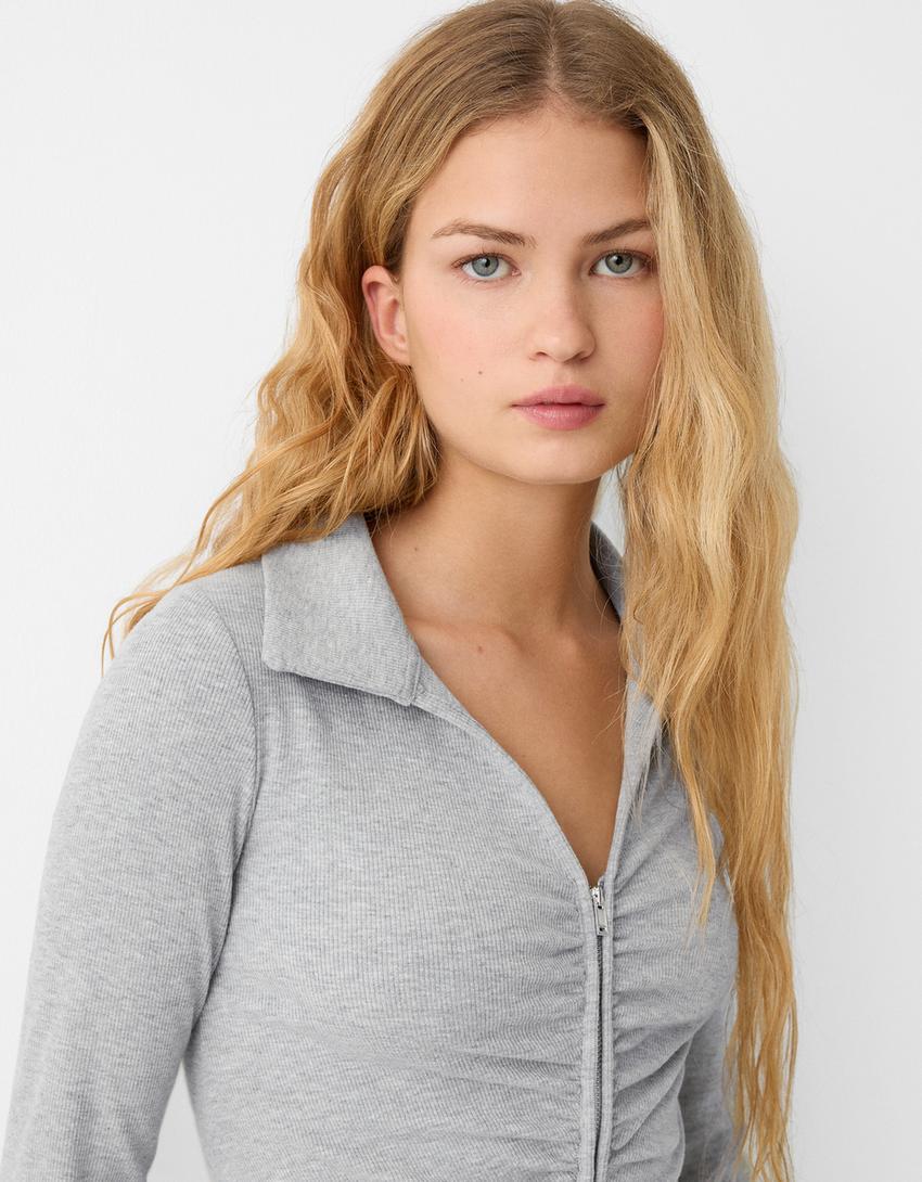 Top manches longues col polo fermeture Éclair fronce-Gris-2