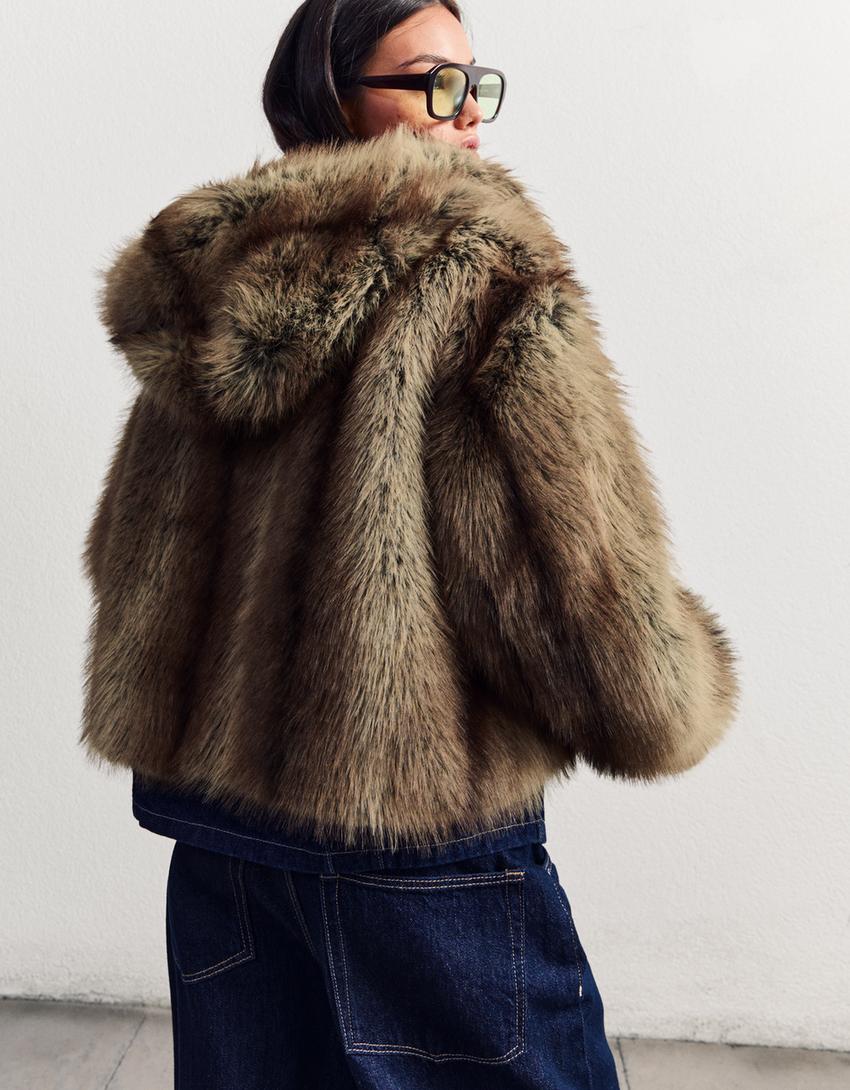 Veste fausse fourrure capuche-Marron-2